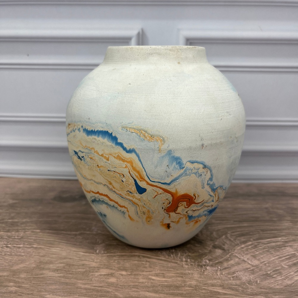 Nemadji Pottery Bud Vase 5 in Cream Blue Orange Marbled Swirl Made in USA